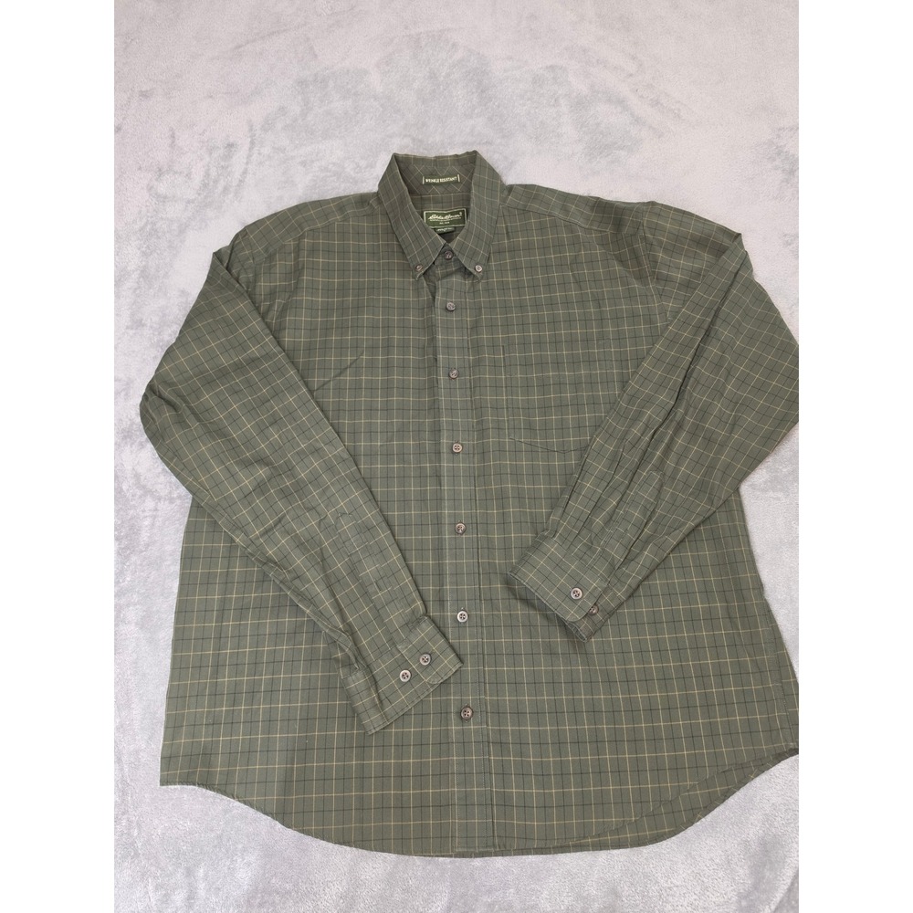 Eddie Bauer Mens Large Olive Green Plaid Wrinkle Resistant Button Down Shirt L